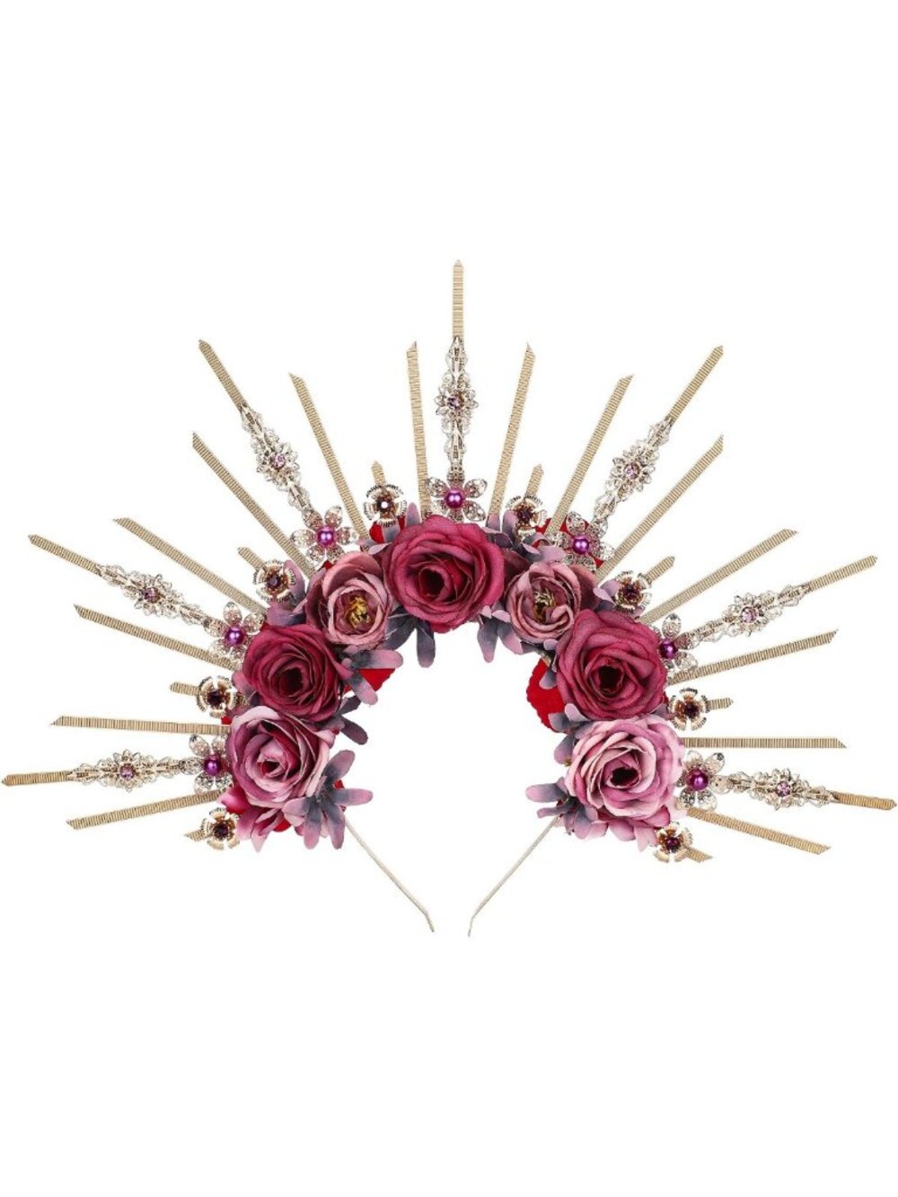 Handmade Flower Halo Crown - Purple & Pink Rose Headpiece with Crystals for